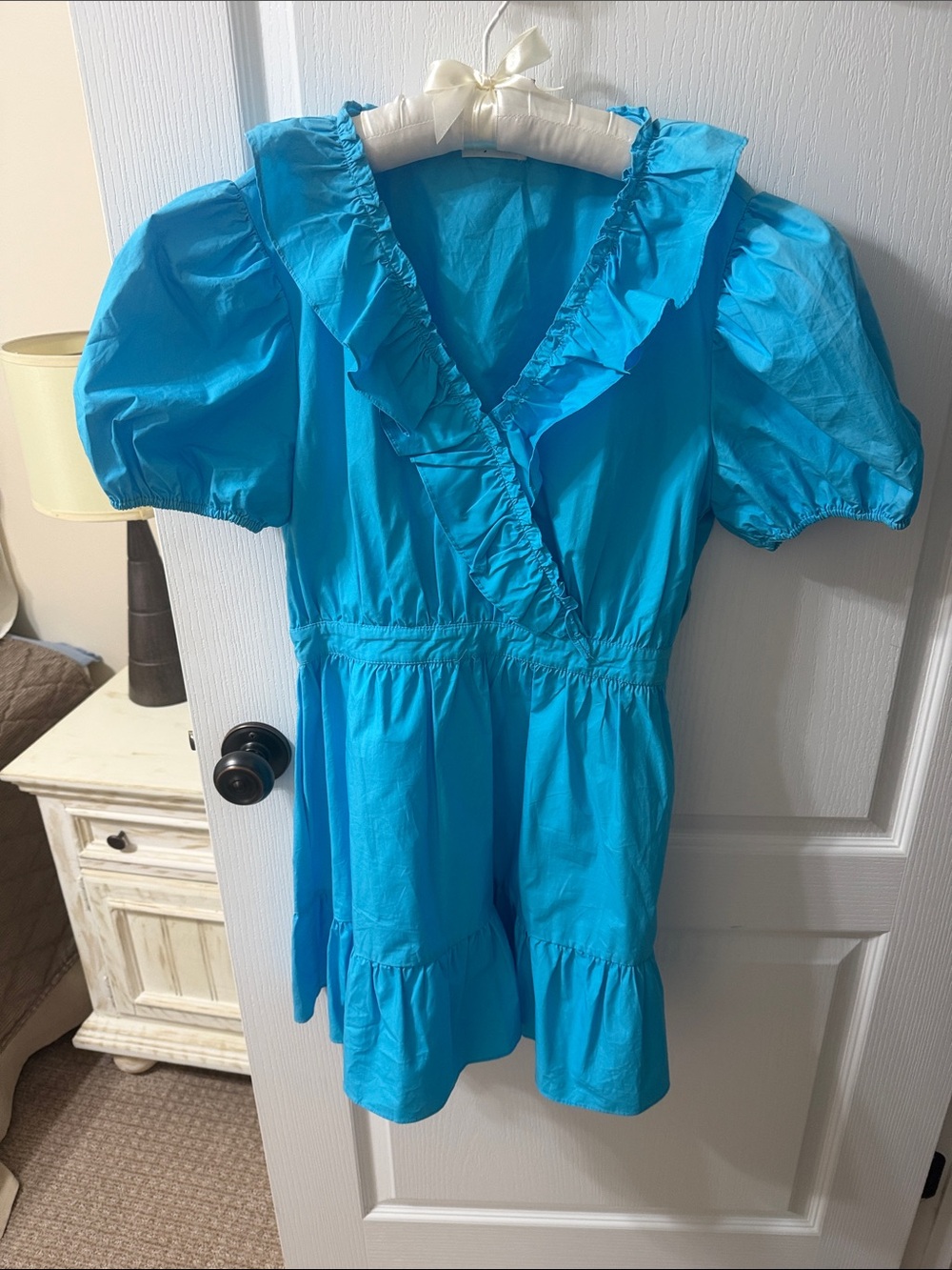 Bright Blue ladies Ruffle-Trim Dress Top
